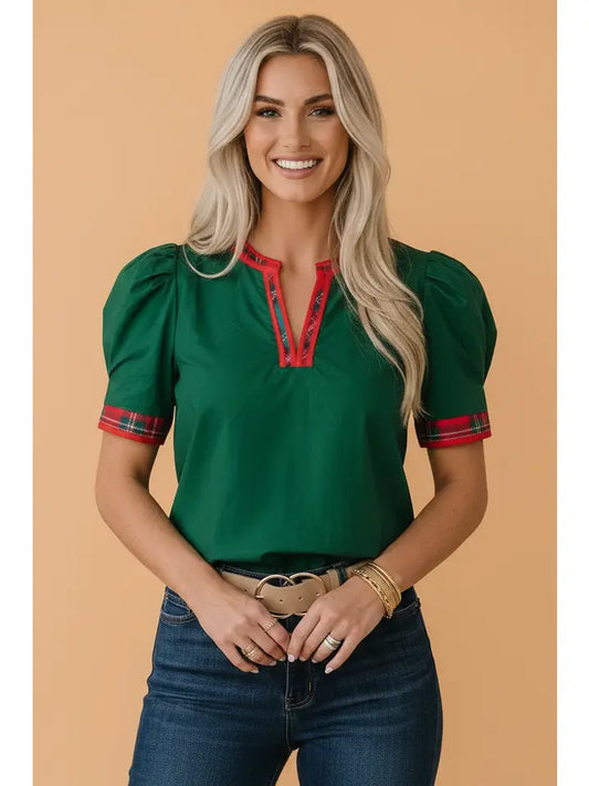 Plaid Contrast Trim V-Neck Blouse Green w/ Plaid Detail