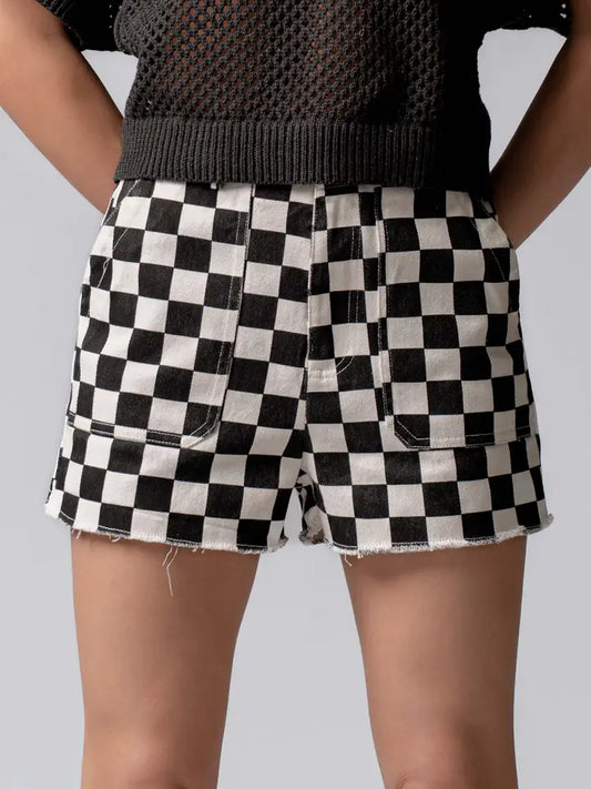 Retro Racing Checkered Print Side Pocket Cotton Shorts
