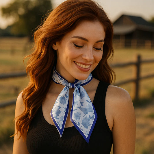 Blue Floral Western Skinny Mini Wild Rag Scarf / Cowgirl Necktie