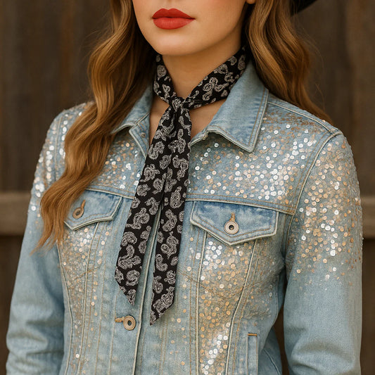 Black and White Paisley Western Skinny Mini Wild Rag Scarf / Cowgirl Necktie