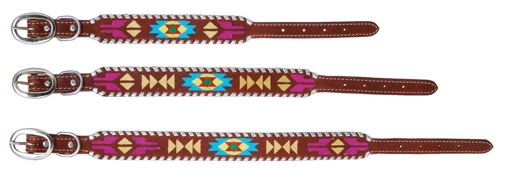 Hand Painted Aztec and Silver Whipstitch Dog Collar
