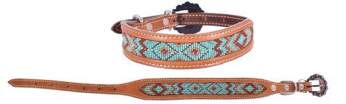 Leather collar Teal/Gold beads