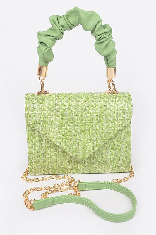 Faux Straw Top Handle Flap Bag