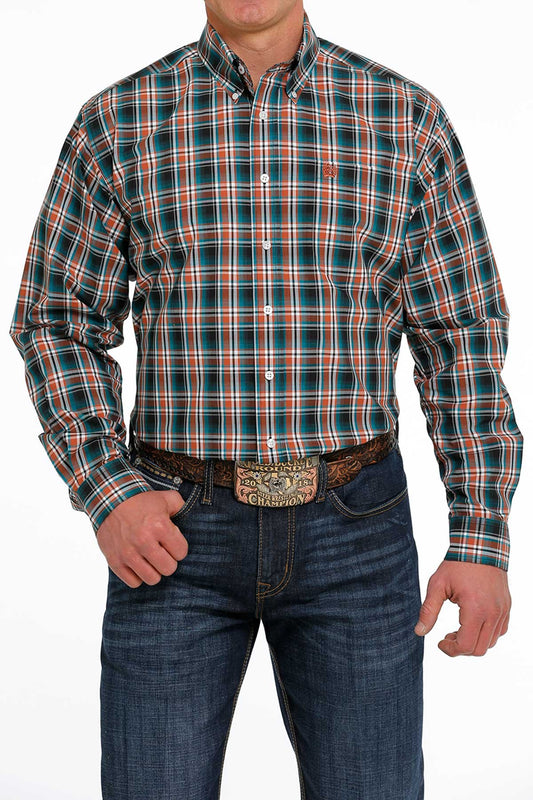 MEN'S PLAID BUTTON-DOWN WESTERN SHIRT - BLACK / ORANGE / TEAL / WHITE