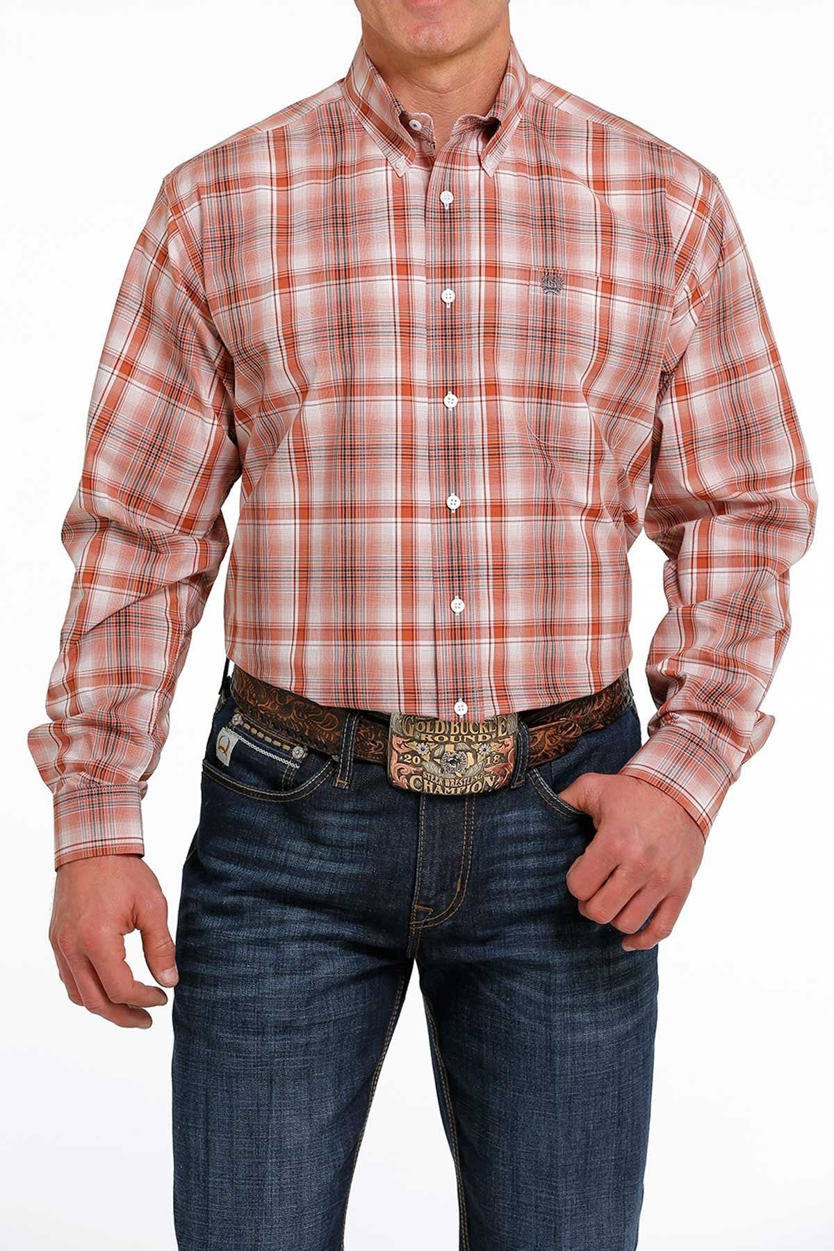 MEN'S PLAID BUTTON-DOWN WESTERN SHIRT - ORANGE / WHITE