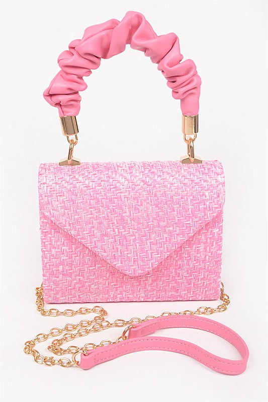 Faux Straw Top Handle Flap Bag
